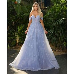 Blue Sparkly Prom Sleeveless V Neck Off Shoulder 3D Lace Sexy Appliques Sequins Beaded Floor Length Celebrity A-Line Evening Dresses Plus Size Custom Made 0431