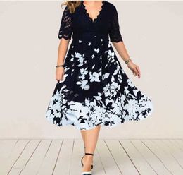 Casual Dresses Designer Dress large V-neck print lace patchwork women's dress Plus size Dresses