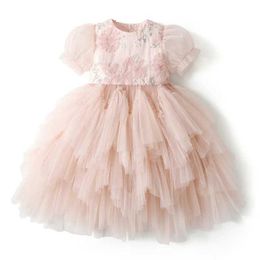 Girl's Dresses 2025 Pink Flower Baby Dress Sequin Girls Eid Dress Mesh Baby Clothing Bubble Sleeves Sweet Fashion Evening ClothingL240508