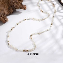 European style layered and sophisticated white natural stone beaded long necklace womens ethnic style sweater chain