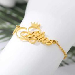 Charm Bracelets Cus Crown Bracelet Personalised Name Stainless Steel Nameplate Bracelet For Women Girl Charms Handmade Engraved Bangle Gift