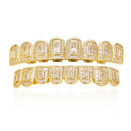 Hip Hop Iced Out T Square Zircon Tooth 8/8 for Men Body Piercing Jewelry Gold Plated Cubic Zirconia Teeth Grills Cap Set 240504