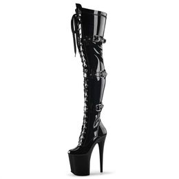 20 см высотой каблуки платформы колена черная пряжка узкая группа Pu Lady Shoes 8 -дюймовая белая стриппер клуб новые готические туфли женские ботинки