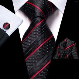 Bow Ties Hi-Tie Designer Black Red Striped Silk Wedding Tie For Men Handky Cufflink Gift Elegant Necktie Set Fashion Business Party