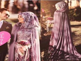 2019 Saudi Arabic Applique Lace Formal Evening Dresses High Neck Long Sleeves Islamic Chiffon Prom Gown with Cape Cloak Hijab Duba1073585