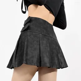 Skirts Women Faux Leather Skirt Women's Imitation Mini With Belt Detail Pleated High Waist A-line Short Streetwear