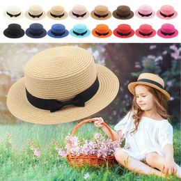 Wide Brim Hats 2014 Parent-child Sun Flat Straw Hat Boater Girls Bow Summer For Women Kid And Beach Panama
