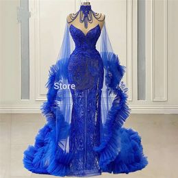 Blå med Royal Wrap Beading Couture Dresses Party Night Dubai Robe de Soiree Chic Abendkleider Arabiska aftonklänningar Prom