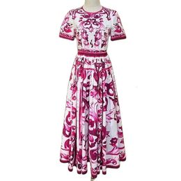 Fashion Designer Runway Red Blue and White Porcelain Print Dress Summer Women Short Sleeve High Waist Long Vacation Dress 240426