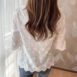 Women's Blouses 2024 Fashion Summer Short Sleeve Lace Women Tops Embroidery Floral Cotton White Shirt Casual Clothing 9638