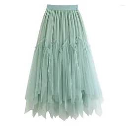 Skirts Fashion Irregular Tutu Tulle Long Skirt For Women 2024 Summer Korean Solid A Line High Waist Pleated Mesh Female L545