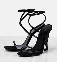 Perfect Opyum Strass Designer Sandals Shoes Ankle-Strap Crystal-embellished Satin Crisscross Vamp Gladiator Sandalias Party Dress High Heels Lady Walking Sandal