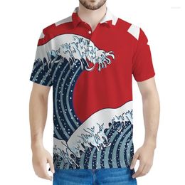 Men's Polos Japanese Painting Wave Graphic Polo Shirt Men 3d Printing Ocean Tee Shirts Casual Button T-shirt Street Lapel Short Sleeves