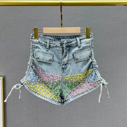 Women's Jeans Girls Shorts 2024 Summer Stretch Denim High Waist Slim Exquisite Rhinestone Wide Leg Women Pants