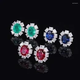 Stud Earrings Graceful Lab Created Emerald Sapphire Ruby Flower For Women S925 Silver Original Vintage Jewelry Party Accessories