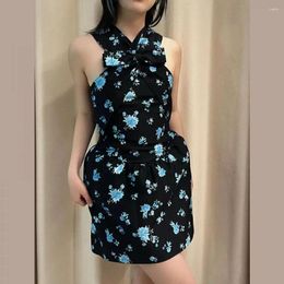 Casual Dresses High Fashion Sexy Hanging Neck Waist Flower Print Mini Dress 2024 Summer Birthday Puff Brand Vintage