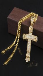 Retro Gold Charm Pendant Full Ice Out CZ Simulated Diamonds Catholic Crucifix Pendant Necklace With Long Cuban Chain8077926