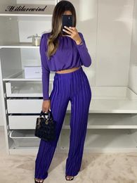 Women's Two Piece Pants Spring Pieces Women Long Sleeve Round Neck Pleated Short Crop Top And High Waist Wide Leg Outfits Femme