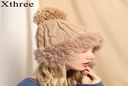 Xthree Knitted Winter Ear flaps Caps Women Rabbit Fur Bomber Hat Ear Flap Cap Casual Winter Trapper Hats Female Russian Hats G09233421751