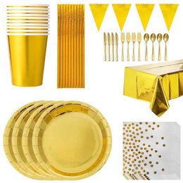 Disposable Dinnerware Gold disposable cardboard cup for adult and childrens birthday parties straw napkins cake stand desktop software set gold Q2405071