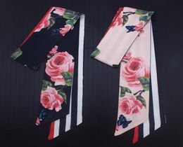 Scarves 7cm 2022 Design Skinny Women Tie Rose Flower Print Silk Scarf Fashion Belt Brand Handbag Small Long ScarvesScarves9619415