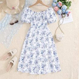 Girl Dresses FOCUSNORM 8-12Y Fashion Girl's French Dress Elegant Puff Sleeve Off Shoulder 3D Bow Split Flower Print Princess