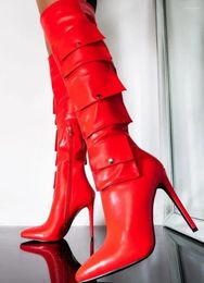 Boots Red Pocket Pointed Toe Thigh High Winter Tall Gladiator Heels Zipper Lady Night Club Shoes