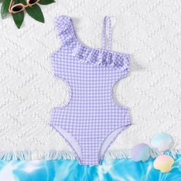 Women's Swimwear Fashion Slanted Shoulder Plaid Teenage Girls One Piece Swimsuit 5-14 Year Summer Kids Swim Suits For Girl Ruffled