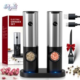 Electric Salt And Pepper Grinder Set Base Charging Stainless Steel USB Rechargeable Automatic Mill Adjustable Spice 240508