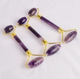 Natural Amethyst Massage Stone Carved Reiki Crystal Healing Gua Sha Beauty Roller Facial Massor Stick with Alloy GoldPlated7165212