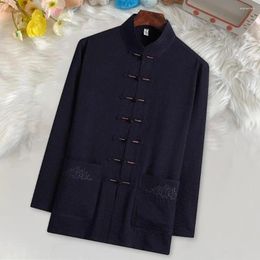 Men's Casual Shirts Men Top Stand Collar Chinese Vintage Style Solid Loose Long Sleeve Pockets Single-breasted Mid-aged Father Tang Suit