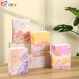 Gift Wrap 12pcs Party Kraft Paper Bag With Handle 3D Oil Painting Print Candy Favor Wedding Baby Shower Birthday