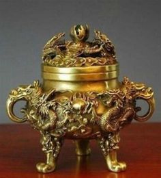 decoration bronze factory Pure Brass Antique Exquisite Collectible Chinese Brass Dragons Incense Burner277M9659093