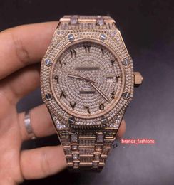 Men39s Iced Diamond Watch Rose Gold Stainless Steel Diamond Watch Large Diamond Strap Arabic Dial Automatic Mechanical Watch9734111