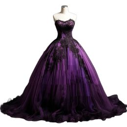 A Line Black And Purple Gothic Wedding Dresses Lace Appliques Sweetheart Neck Sleeveless Long Tulle Bridal Gowns Back Lace-Up 2024 Vintage Plus Size Vestido De Novia