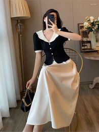 Work Dresses 2024 Summer Elegant Sets Vintage Short Sleeve Blouse High Waist Midi Skirts 2 Pieces Suits Casual Korean Office Ladies