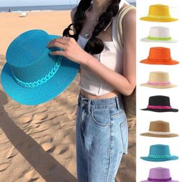 Berets Colour Chain Flat Top Unisex Jazz Straw Hat Outdoor Women Seaside Vacation Sun Beach Hats Fashion Summer Panama Bucket Cap