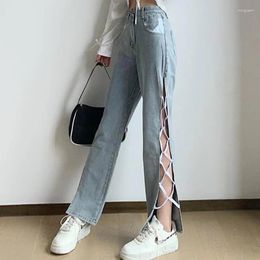 Women's Jeans High Waist Women Hollow Out Korean Fashion Casual All Match Light Blue Taping Streetwear Female Loose Wide-Leg Denim Pants