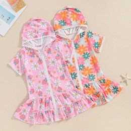 One-Pieces Toddler Girls Swimwear Dress Summer Short Sleeve Floral Print Zipper Hooded Beachwear Kids Bikini Cover Up H240508