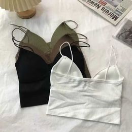 Women's Tanks New Ladiesole Slim Fit Sexy Stretch Push Up Bra with Chest Pads Cropped Navel Short Tube Top V-Neck Tops Hot Sale