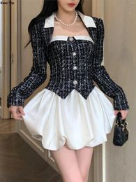 Work Dresses Korean Elegant Tweed 2 Piece Dress Set Black Short Blazer Coat Sweet Y2k Mini Women Autumn Fashion Suit OL Clothes