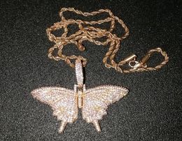 Iced Out Animal Pink butterfly Pendant Necklace With Chain Rosegold Gold Silver Cubic Zircon Men Women Hiphop Rock Jewelry238e2718890