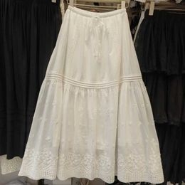 Skirts Flower Embroidered Long Skin 2024 New Korean Fashion Drawstring Hollow White Midi Skiing Womens Summer Leisure Simple SkiingL2405