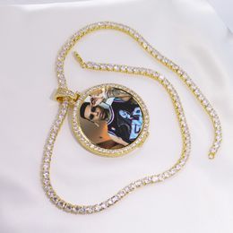 Round Photo Custom Made Photo Medallions Pendant Picture Necklace & Tennis Chain Gold Colour Cubic Zircon Men's Hip Hop Jewellery CX2 193O