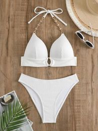 Women's Swimwear 2024 Chain Linked Cut Out Halter Bikini Sexy Swimsuit Women White Female Bathers Bathing Swimming Swim Suit Beachwear