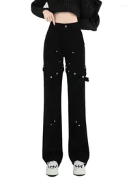 Women's Jeans Straight Women's High Waist Slim Denim Pants Wide Leg Stretch Trousers Detachable Strap Black Girls Streetwear