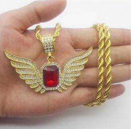 top necklace gift God Angel Wings with Big Red Stone Pendant Necklace Men Women Iced Out Jewelry4229125