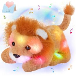 27cm filled lion pillow LED lights up music animal cute soft glow brown lion plush toy baby hoodie decoration girl gift 240424
