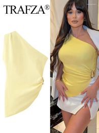 Women's Tanks TRAFZA 2024 Women Asymmetric Crop Top Yellow Off Shoulder Sleeveless Female Ruched Sexy Tops Woman Fashion Y2k Summer