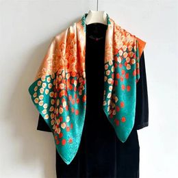 Scarves 90x90 Woman Silk Feeling Scarf Fashion Satin Print Square Women Retro Colorful Leaves Warm Shawl